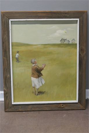 ELLA JONTZEN Original Painting in Rustic Frame of Delight in Kite Flying Success