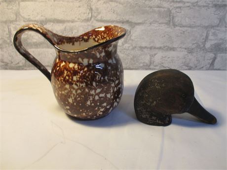 2 Piece Ceramic Pitcher/Creamer and a Antique Wooden Hand Carved Duck Decoy Head
