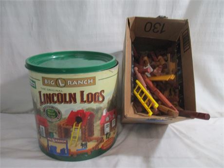 Lincoln Logs Lot, Large Barrel, Extra Box with Many Parts and Pieces