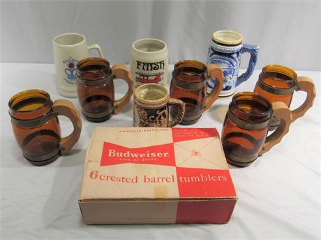 15 Piece Barware Lot - including 6 Budweiser Crested Barrel Tumblers w/ Box
