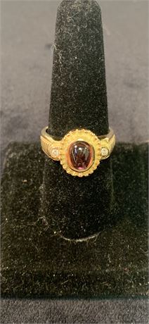 Fascinating, Marked 14 kt Ring Cabochon Red Stone, 2 Sm. Round Full Cut Diamonds