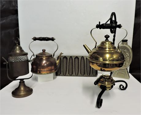Holt Ceramic Decanter, Brass Tea Pot, Copper Tea Pot & Cast Iron Muffin Pan Lot