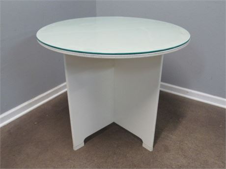 Round White Banquet Table with Protective Glass Top