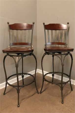 A Pair of Iron & Wood, Swiveling Counter Chairs