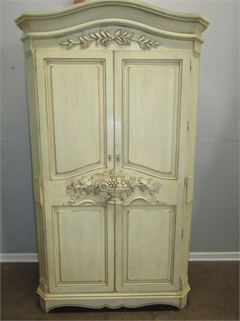 Large Vintage Pale Carved Wood Armoire with Shelves