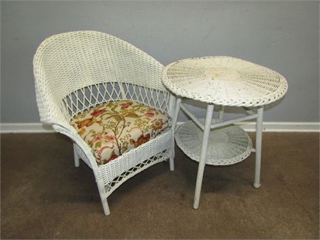 Vintage White Wicker Table and Chair Set, Floral Cushion