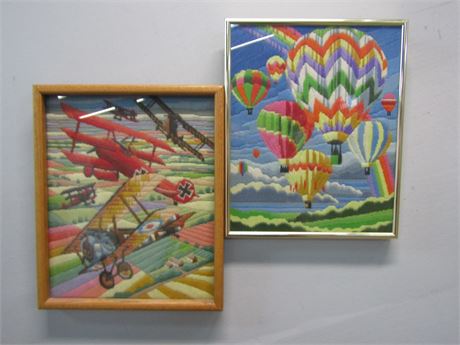 Vintage Set of Yarn Art Framed Pictures - WWI Plane Battle and Air Balloons