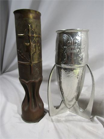 2 Piece Trench Art,75mm French Field Gun Shell &Liberty & Co English Pewter Vase