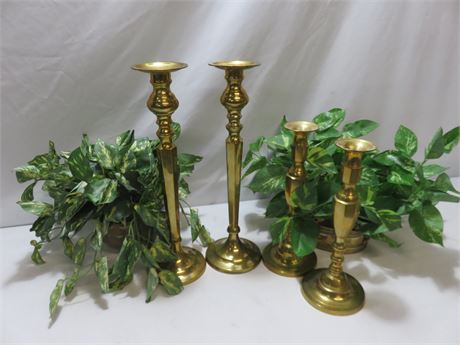 Brass Candlestick Holders & Faux Foliage
