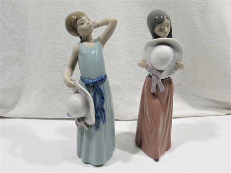 2 Lladro Figurines - Prissy Girl with Hat and Bashful Girl with Straw Hat