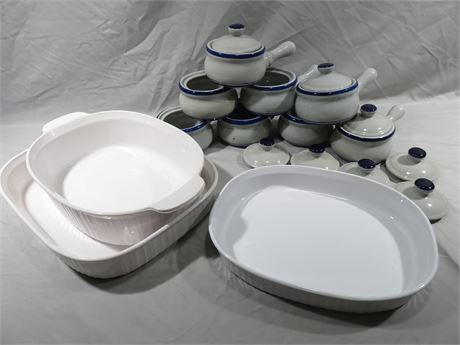 Corningware Casserole Dishes / Stoneware Lidded Soup Crocks