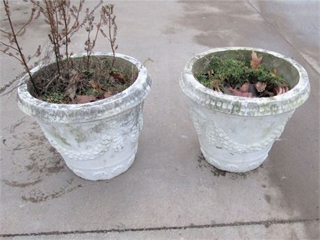 2 Large Concrete Planters with Garland and Grape Motif