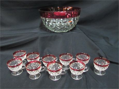 1950's Flash Cranberry Red Glass Punch Bowl with 11 Cups