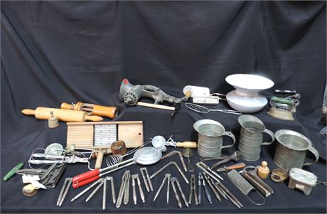 Vintage Cast Iron Enamel Spittoon / Kitchen Tool Lot