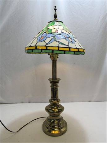 Brass Plated Lamp with Leaded Stained/Slag Glass Shade