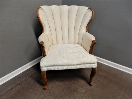 Vintage Queen Anne Style Wood Wing Back Chair with Cream Color Satiny Fabric