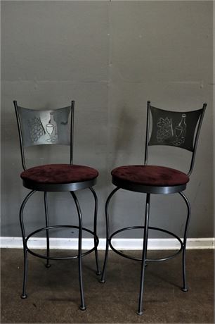 Wine colored bar stools with Vineyard metal cut out on the back