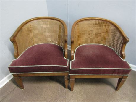 Mid-Century Cane Barrel Back Lounge Chairs, with Wine Colored Cushions