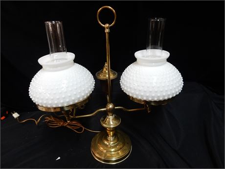 Vintage Double Milk Glass Hobnail Hurricane Table Lamp