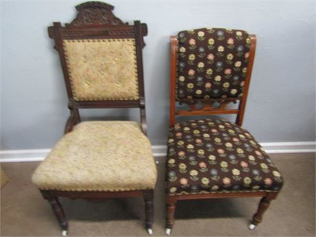 Antique Set of Ornate Wood Carved Chairs, Nail-Head with Floral Cushions