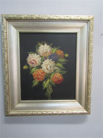 Original Oil on Canvas Floral Painting, Unsigned with Silver Antiqued Frame