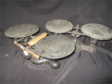 Very Nice Old Pair of Working Metal Scales and Weight