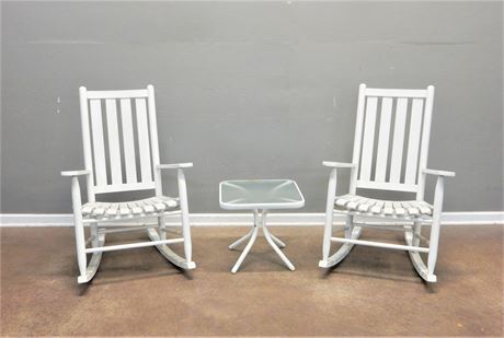 Two White Rockers and Accent Table
