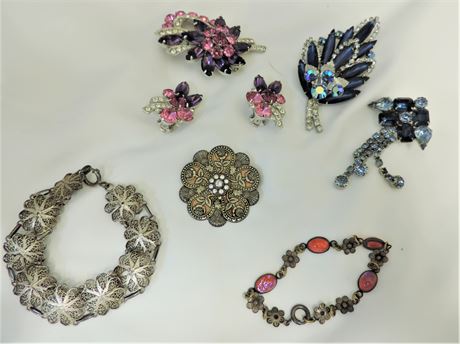 Sterling Siver Bracelets / Vintage Catherine Popesco Brooch / Earrings