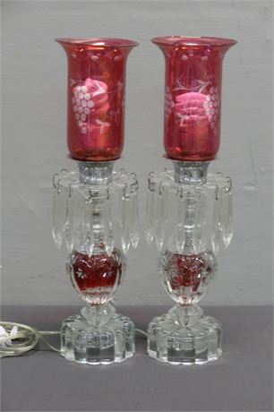 Cranberry Red Crystal Prism Lamp Pair