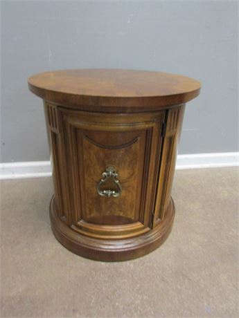Vintage Solid Wood Mid-Century Round End Table with Door