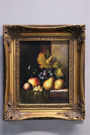 Elaborate Gold Frame around a Still Painting/Print of Wine with Fruit