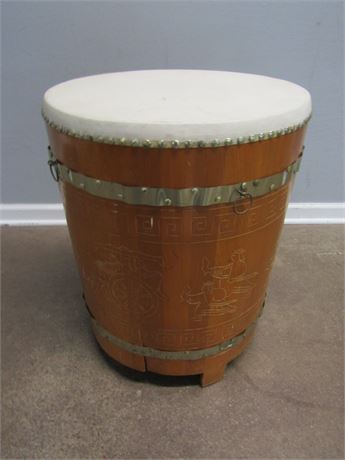 Large Wooden Drum with Etched Asian Graphics