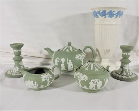 Green Wedgewood Jasperware Vase, Teapot, Creamer, Sugar Bowl & Candlesticks