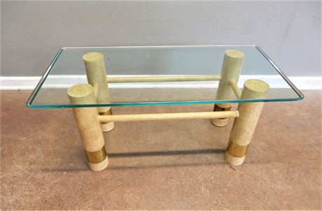 Contemporary Glass Top Coffee Table with Wood Legs and Brass Accents