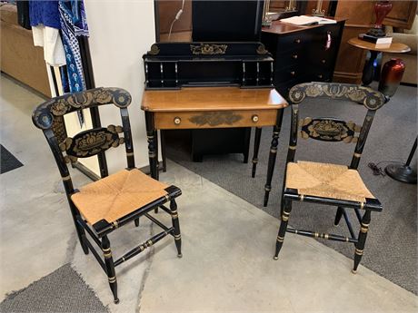 Hitchcock Black Cubby Desk with 2 Chairs