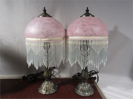Victorian Style Boudoir Table Lamps with Pink Frosted Globes