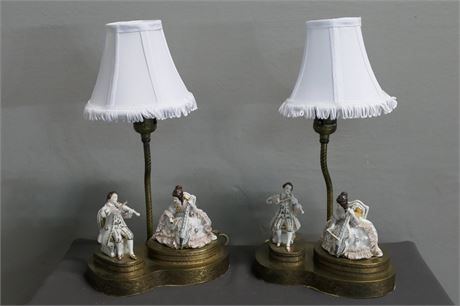 Victorian / Art Deco Couple Porcelain Figure Musicians Lamp Pair