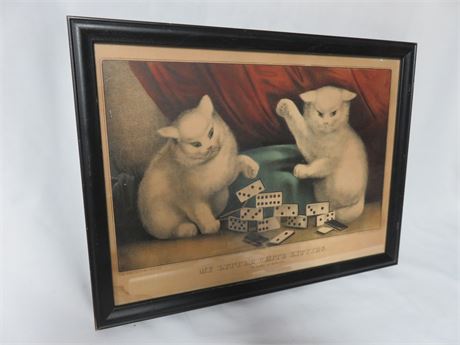 CURRIER & IVES "My Little White Kitties Playing Dominoes" Lithograph