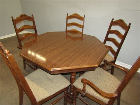 Octagon Shaped Dining Room Table, 5 Chairs by Lenoir Chair Co. and Extra Leaf
