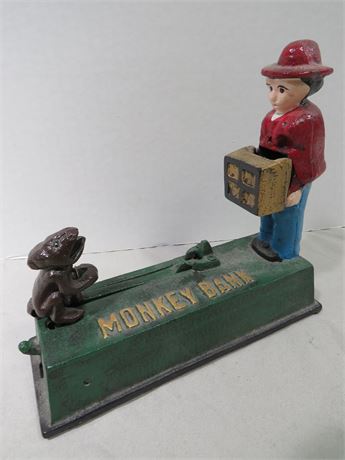 Vintage Cast Iron Mechanical Monkey/Organ Grinder Bank