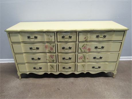 French Provincial 12-Drawer Serpentine Front Dresser Hand-Painted Floral Design