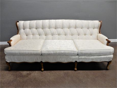 Vintage Style Satiny Cream Color Fabric Sofa with Wood Trim