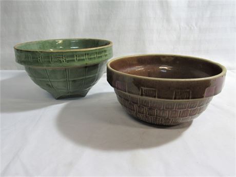 2 Vintage Stoneware 9" Mixing Bowls - McCoy and Monmouth Western