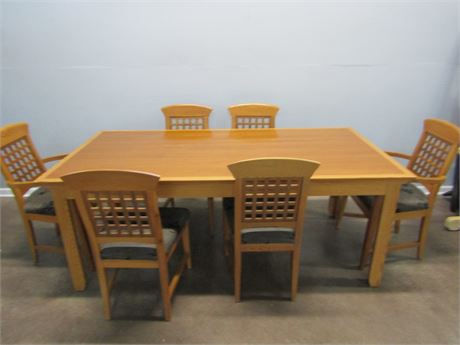 Solid Wood Dining Table and Six Chairs, Gray Floral Cushions
