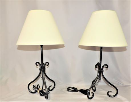 Pair of Scrolled Iron Table Lamps / Ivory Shade