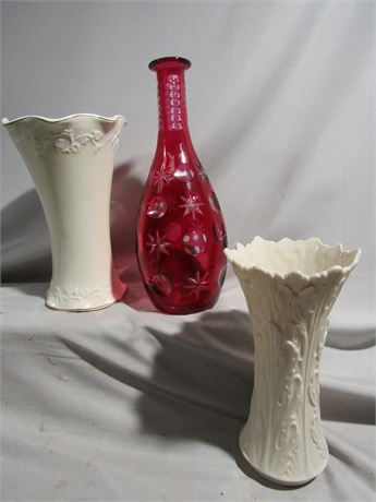 Vintage 3 Piece Vase Set, Lenox, Ruby Red and Cream Color, Glass and Ceramic