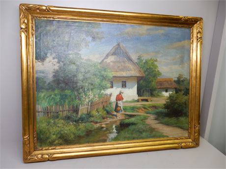 Tibor Szontach "Peasant Woman Villa" Original Oil on Canvas Painting