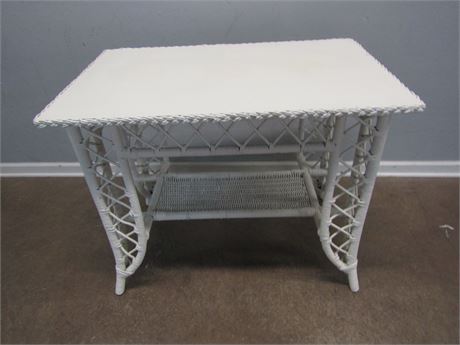 White Wicker Table, Wood Base Top