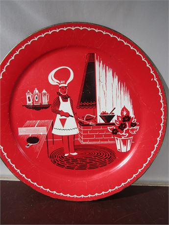 Vintage Red Metal Chef Serving Tray, Round