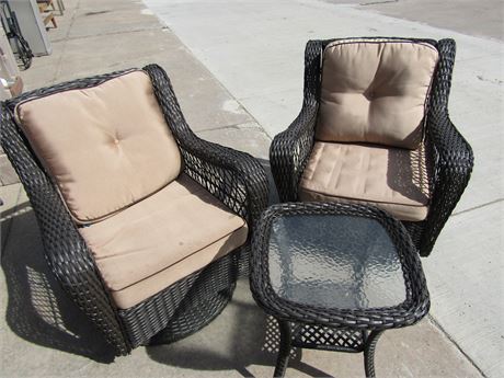 Brown Outdoor Patio Set,  Table and 2 Wicker Chairs with Tan Cushions